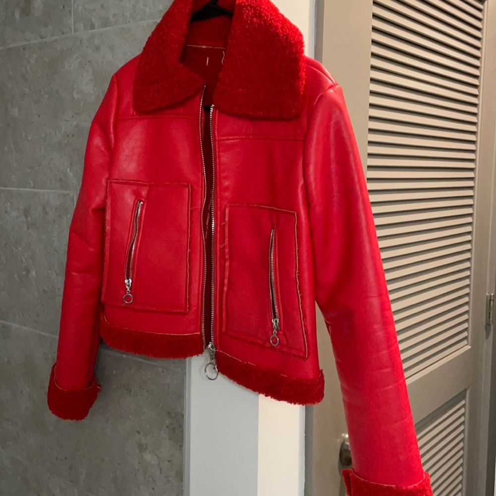 Irregular exposure Red Leather Jacket